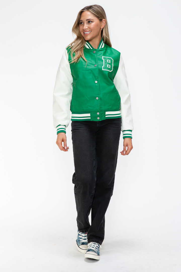 Love Me Now PU Leather Contrast Snap Down Bomber Jacket - Boho Soho