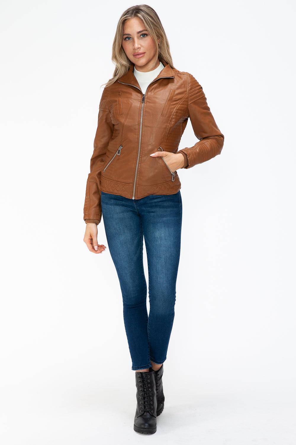 YMI Faux Layered Double-Zipper Faux Leather Jacket with Fuzzy Hood