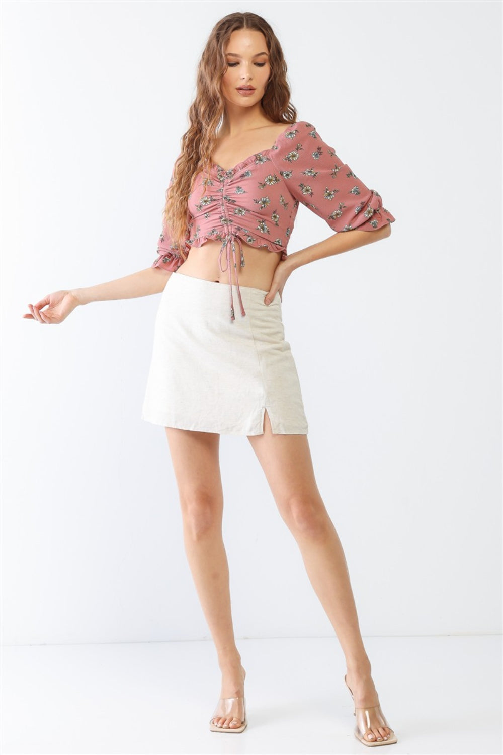 Miss Love Floral Ruffle Smocked Back Ruched Crop Top