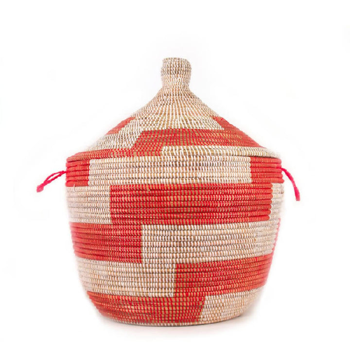 African Handmade Low Storage Basket - Red Stripe