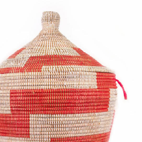 African Handmade Low Storage Basket - Red Stripe