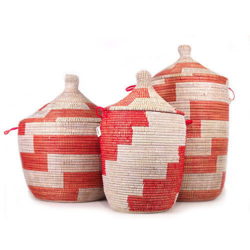 African Handmade Low Storage Basket - Red Stripe