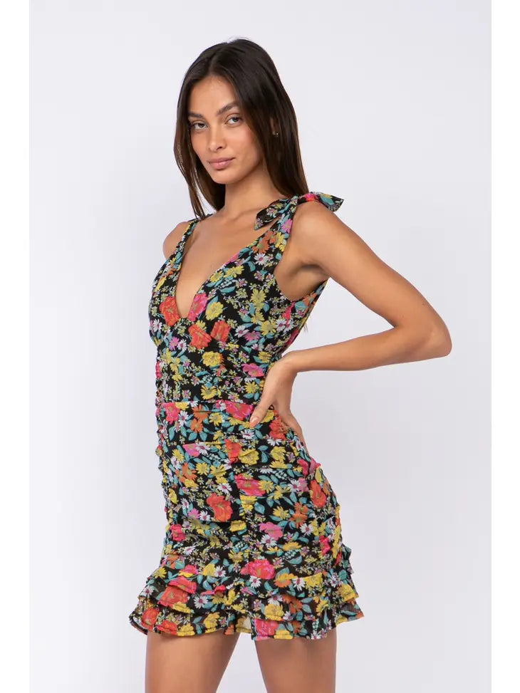 Sky to Moon Floral Ruched Bow Strap Dress - Boho Soho