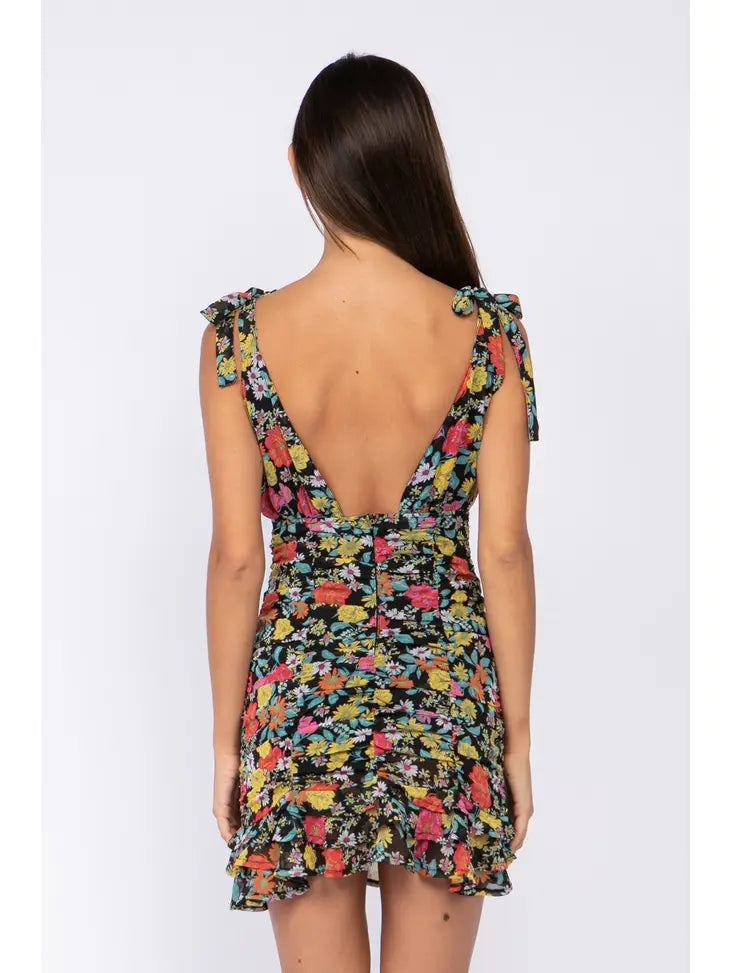 Sky to Moon Floral Ruched Bow Strap Dress - Boho Soho