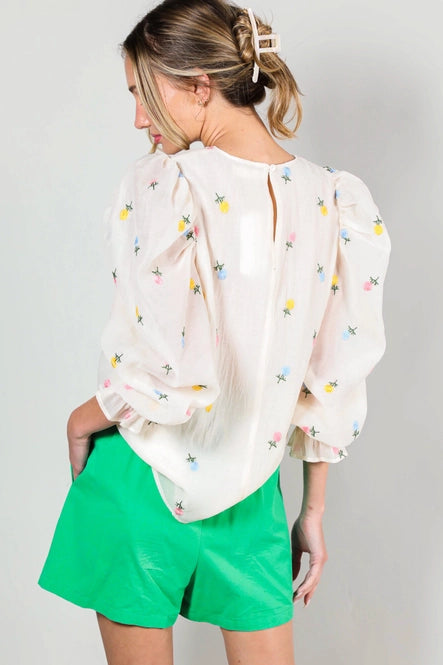 Flower Embroidered Organza Puff Sleeve Top