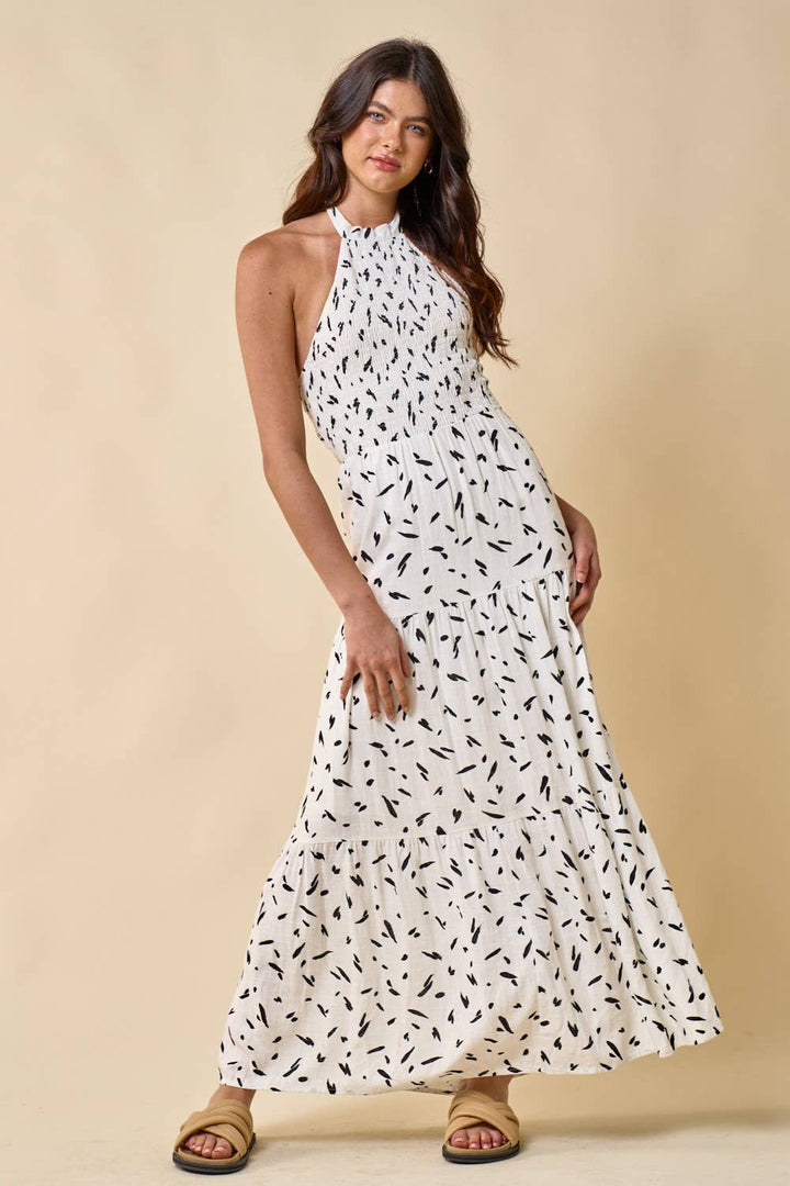 Bella Modern Print Smocked Halter Maxi Dress