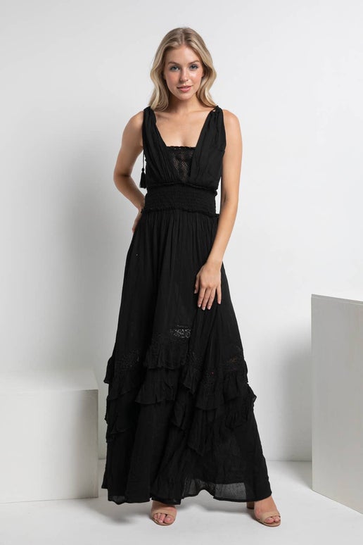 Crinkle Rayon Maxi Dress: Versatile and stylish maxi dress with smocked waist, inner tube top detail, and tassel ties. Crinkle rayon fabric offers a relaxed drape, making it perfect for various occasions. Lined for comfort and coverage. A trendy addition to your wardrobe.